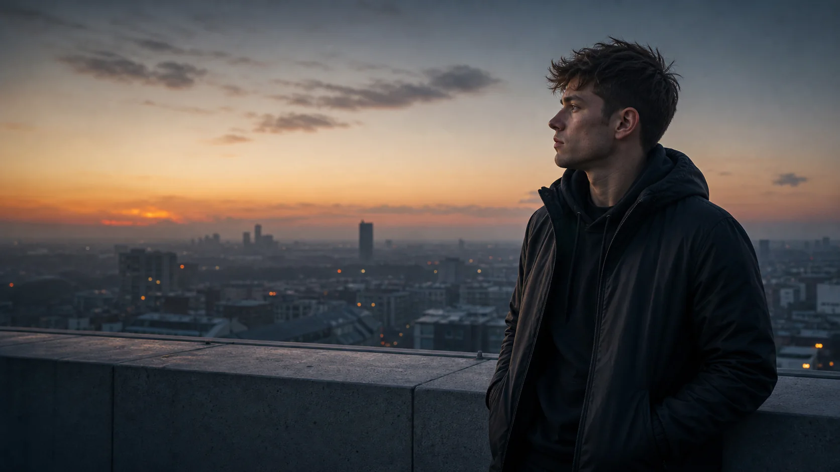 A focused young man looking across a city at dawn