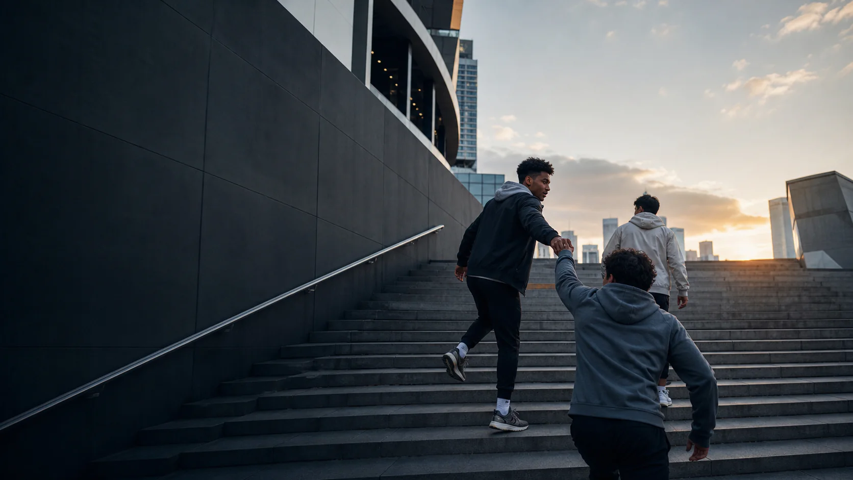 Young men helping each other climb modern city steps